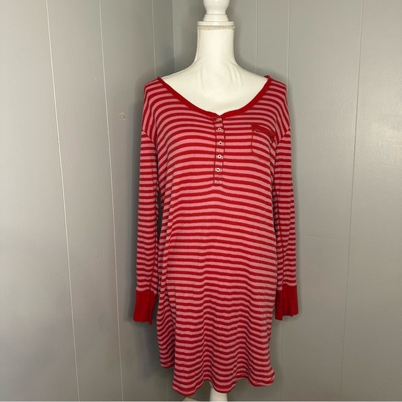 Victoria's Secret Other - Victoria’s Secret Y2K Striped Thermal Henley Top XL Red Pink Sparkle
